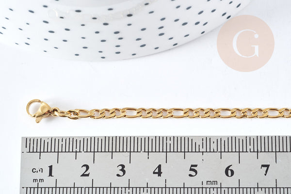 Chaine Figaro complète avec fermoir acier 304 inoxydable doré IP 3mm,45.5cm, création collier acier inoxydable, x1 G8794