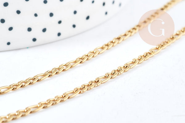 Chaine Figaro complète avec fermoir acier 304 inoxydable doré IP 3mm,45.5cm, création collier acier inoxydable, x1 G8794