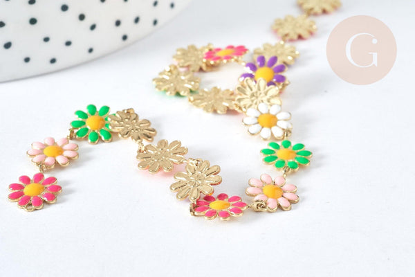 Chaine Fleur marguerite laiton doré émail multicolore 13,5~14mm, x1 mètre (G7451)