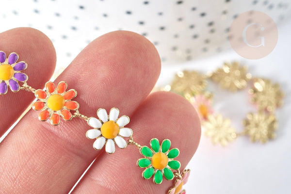 Chaine Fleur marguerite laiton doré émail multicolore 13,5~14mm, x1 mètre (G7451)