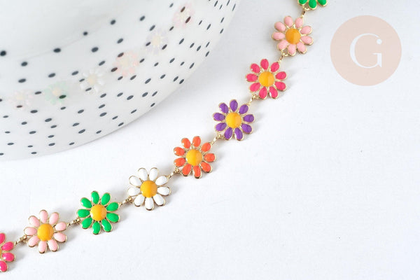 Chaine Fleur marguerite laiton doré émail multicolore 13,5~14mm, x1 mètre (G7451)