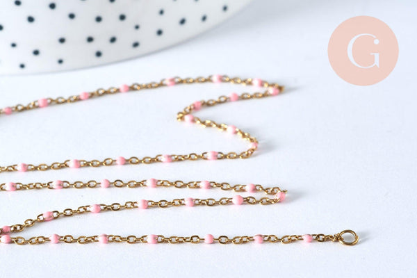 Chaine acier 304 inoxydable doré 14k fantaisie résine rose 2mm-45cm, x1 (G1810)