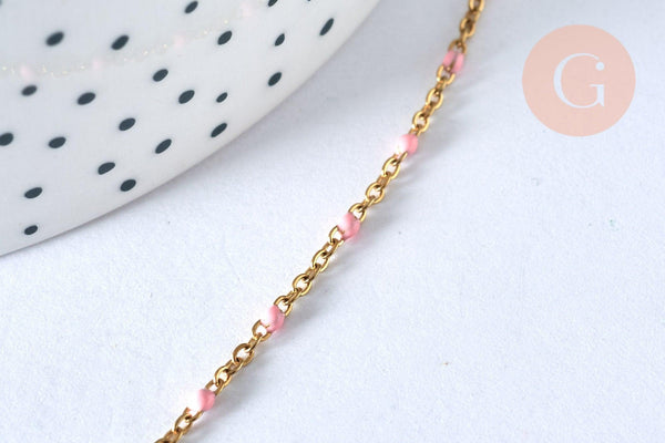Chaine acier 304 inoxydable doré 14k fantaisie résine rose 2mm-45cm, x1 (G1810)