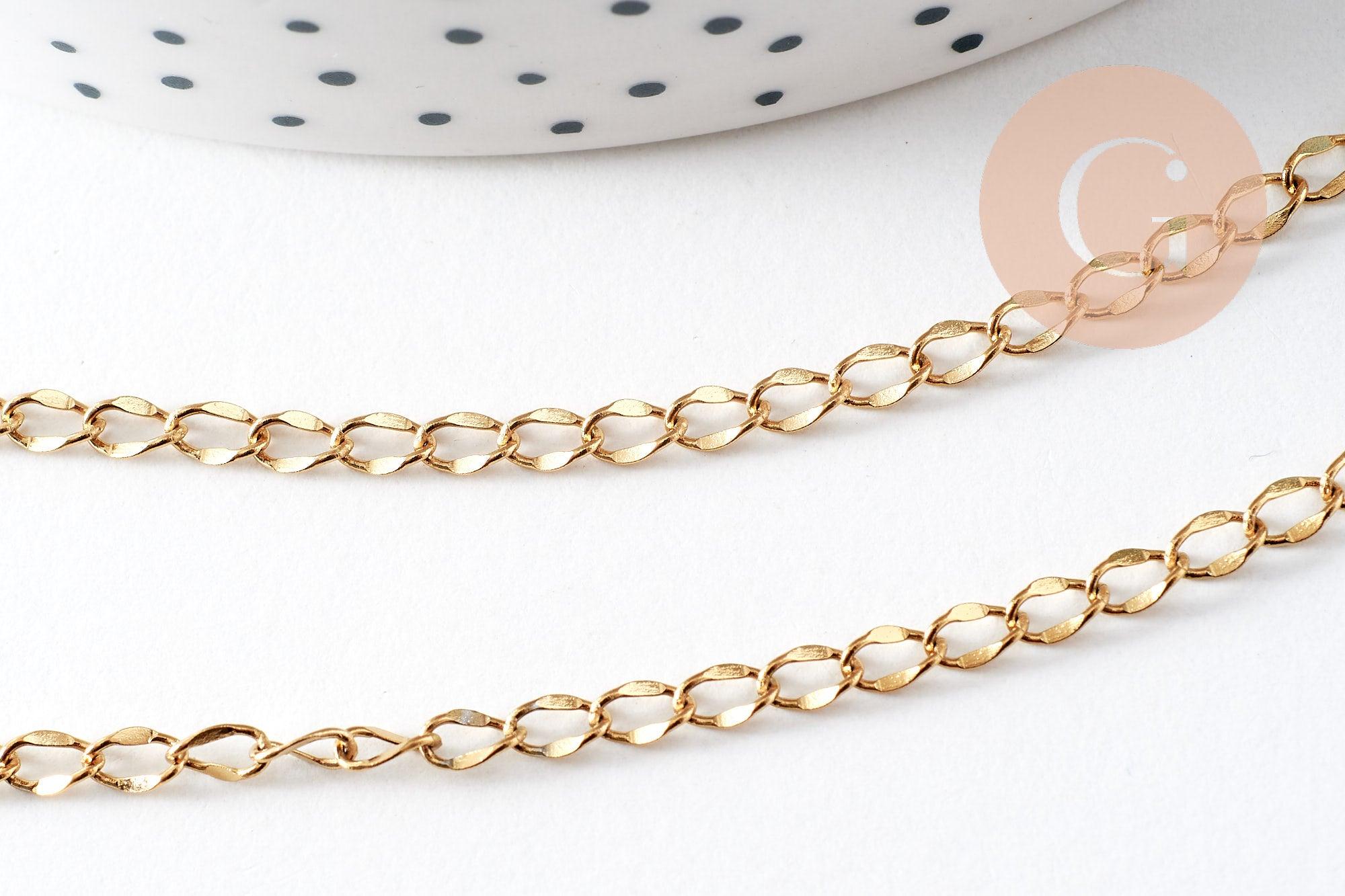 Chaine maille courbe large acier 304 inoxydable doré IP 14K 5mm, x1 mètre (G3146)