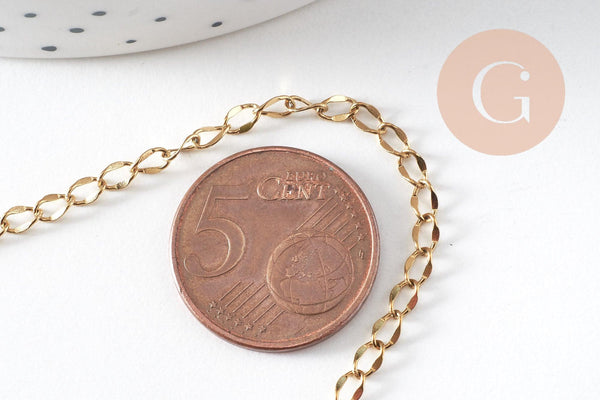 Chaine acier 304 inoxydable doré IP 14K fantaisie maille courbe large 5mm, x1 mètre (G3146)