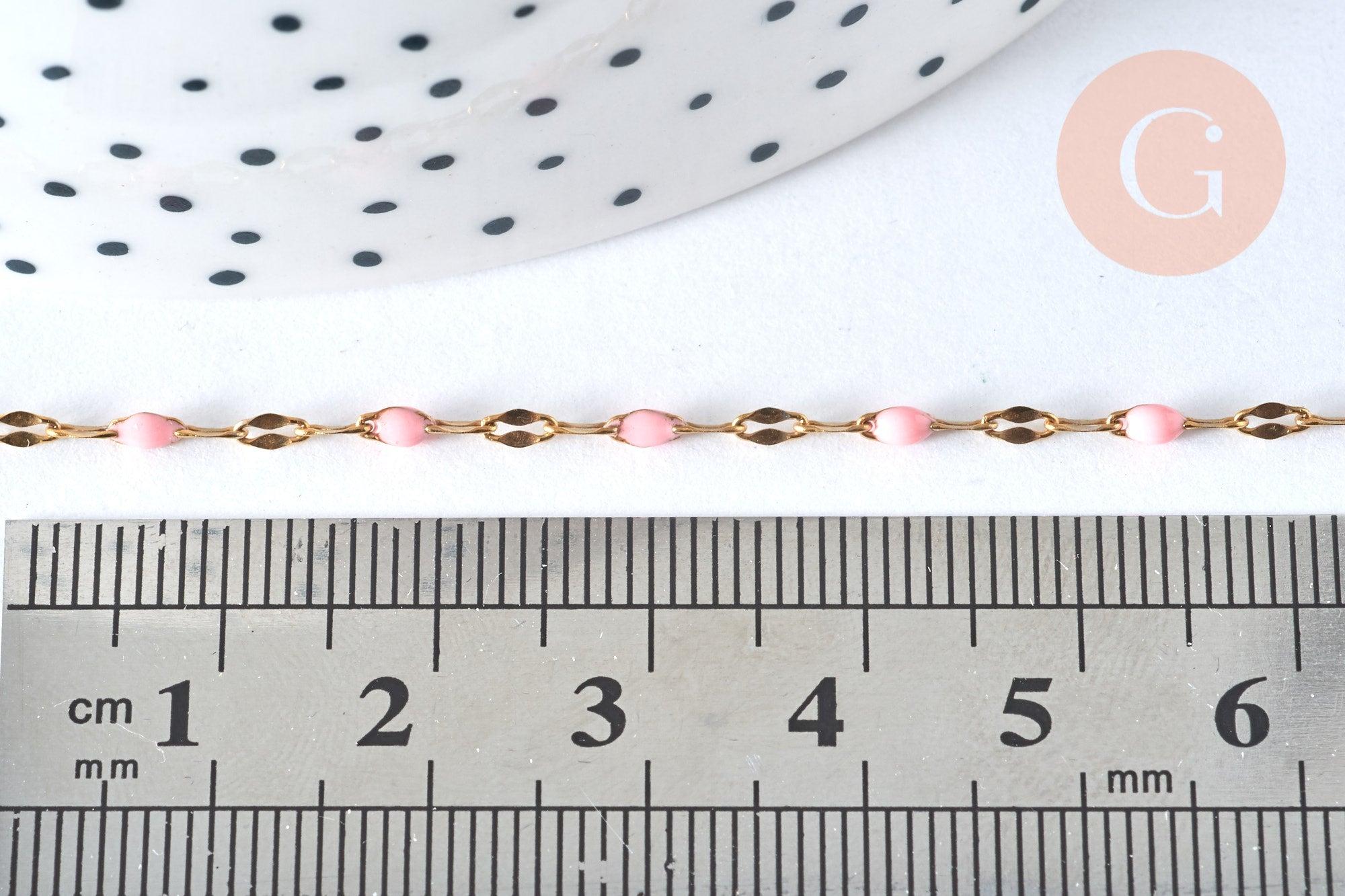 Chaine acier 304 inoxydable doré IP fantaisie émail rose clair 4-10mm, x1 mètre (G6828)