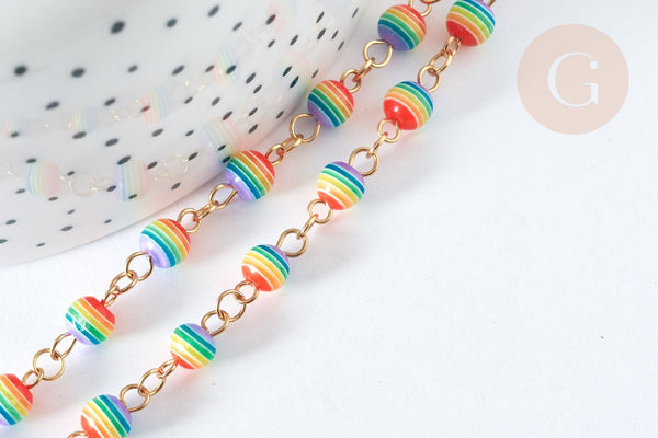 Chaine acier 304 inoxydable doré perles rondes plastique multicolore 6mm, x1 mètre (G7185)