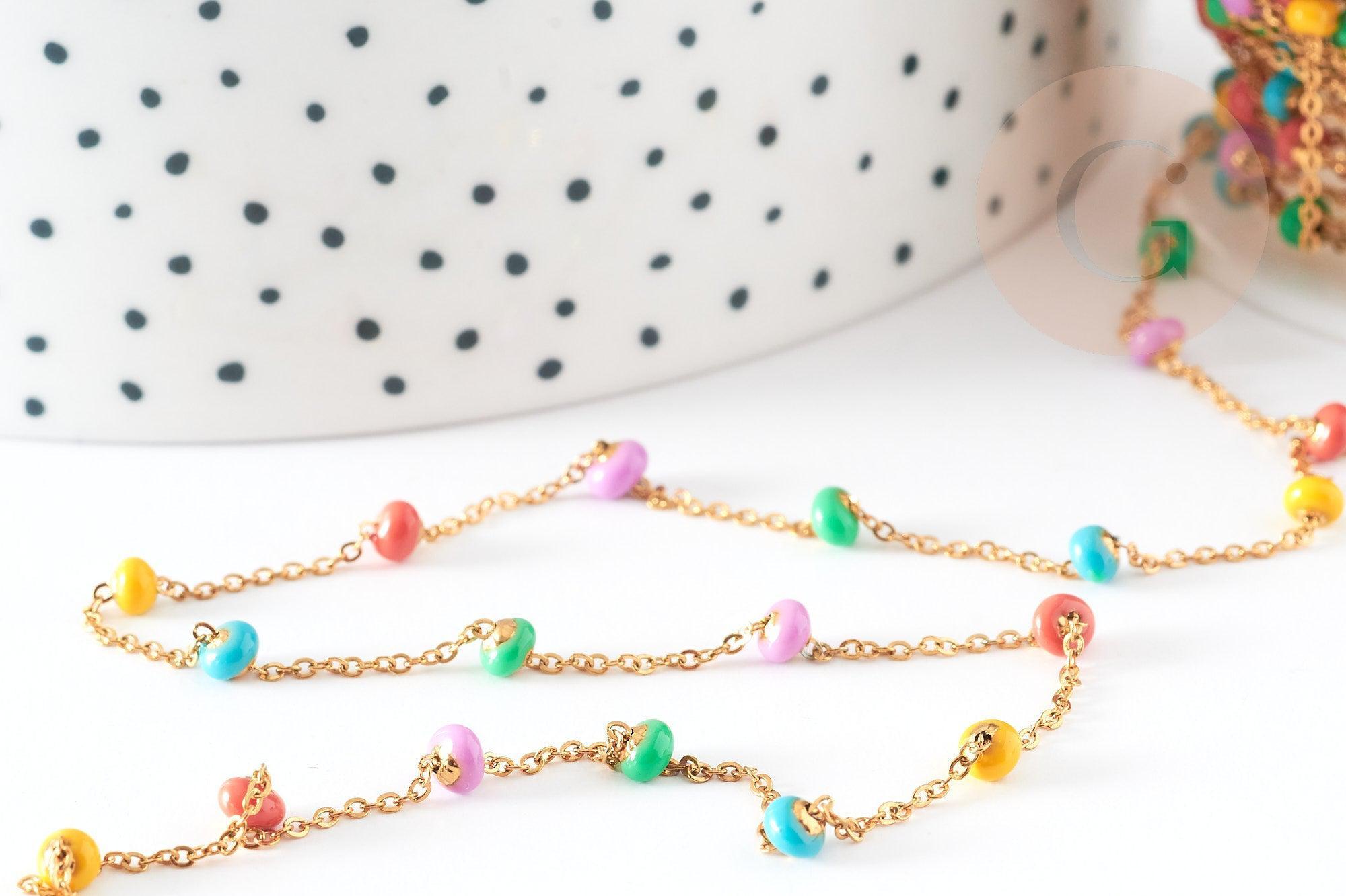 Chaine acier 304 inoxydable dorée 14k fantaisie résine multicolore pastel 0.5-1.mm, x1 mètre (G3037)