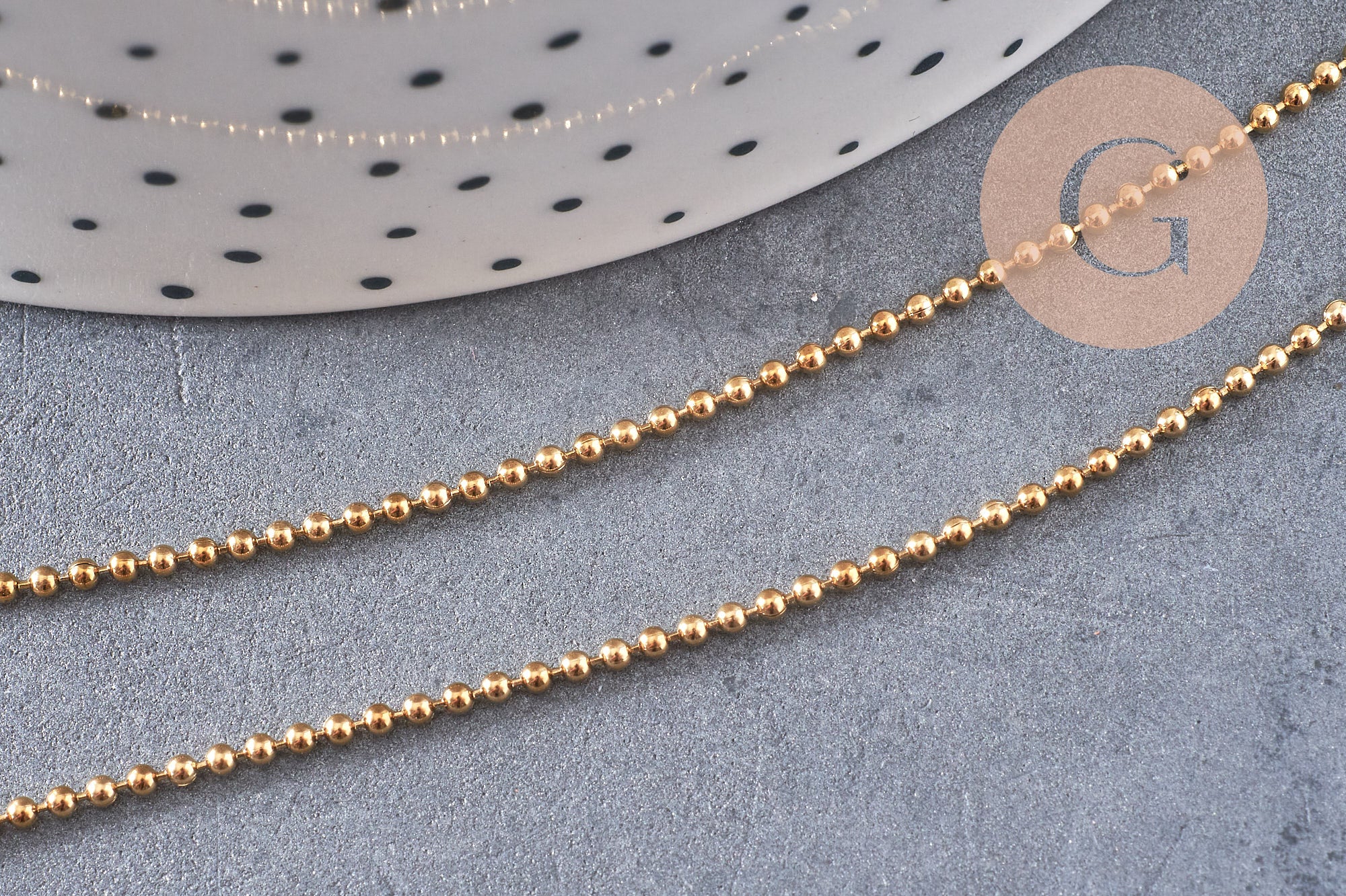 Chaine acier boule 1.4mm dorée 14k, x1 mètre (G1562)