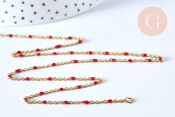 Chaine acier dorée 14k fantaisie résine rouge, chaine fantaisie acier dore,chaine complète,2mm,45cm, x1 (G1361)