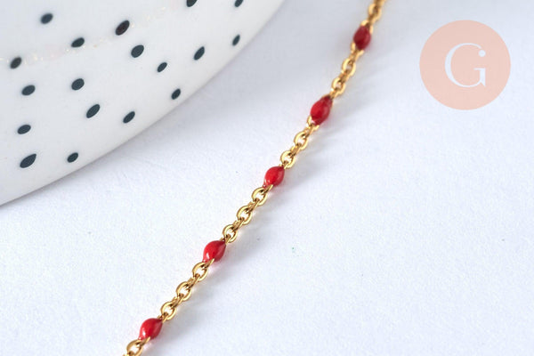Chaine acier dorée 14k fantaisie résine rouge, chaine fantaisie acier dore,chaine complète,2mm,45cm, x1 (G1361)