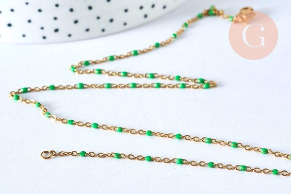Chaine acier dorée 14k résine colorée vert,chaine collier, fantaisie, chaine complète,2mm, 45cm, x1 G2417