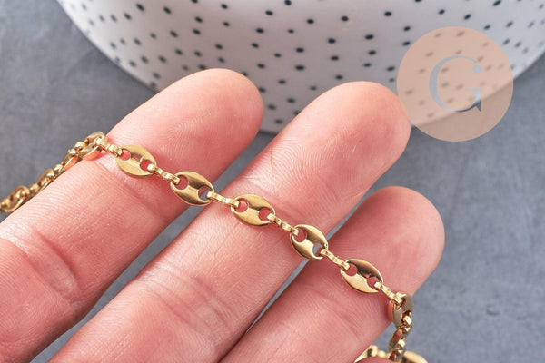 Chaine acier inoxydable doré IP 18k maille grain de café 7x4mm, x1 mètre (G5499)