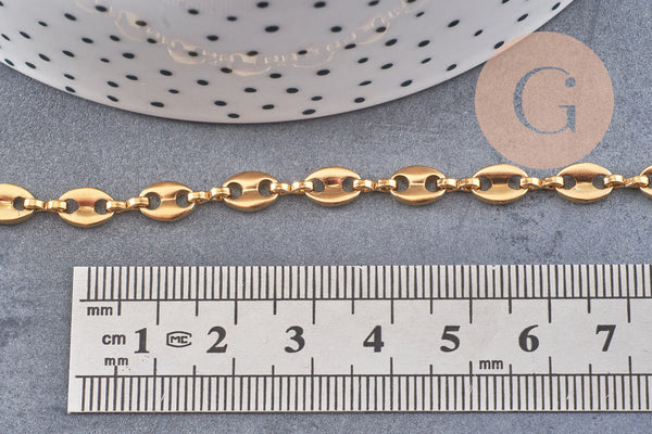 Chaine acier inoxydable doré IP 18k maille grain de café 7x4mm, x1 mètre (G5499)