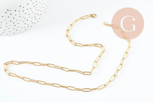 Chaine avec fermoir acier 304 inoxydable doré maille rectangle 55cm,chaine collier inoxydable, chaine large,chaine complète, x1 G9407