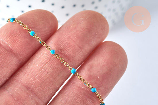 Chaine avec fermoir acier inoxydable doré IP 14k complète résine turquoise 1.5mm-45cm, x1 (G5409)