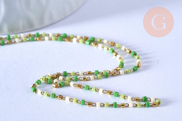 Chaine avec fermoir acier inoxydable doré perle rocaille vert artisanale, 40.7cm, x1 (G4104)