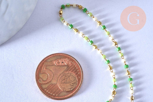 Chaine avec fermoir acier inoxydable doré perle rocaille vert artisanale, 40.7cm, x1 (G4104)