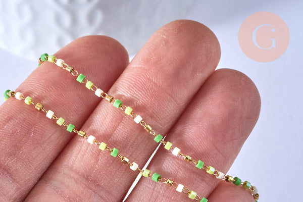 Chaine avec fermoir acier inoxydable doré perle rocaille vert artisanale, 40.7cm, x1 (G4104)