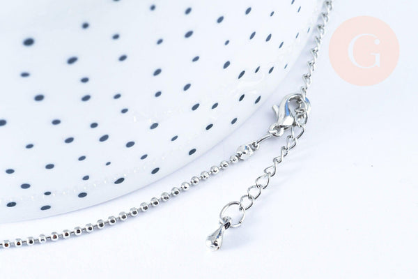 Chaine boule fine laiton platine boule facettes 1.5mm/45cm,chaine collier laiton argenté chaine complète avec fermoir x1 G6202
