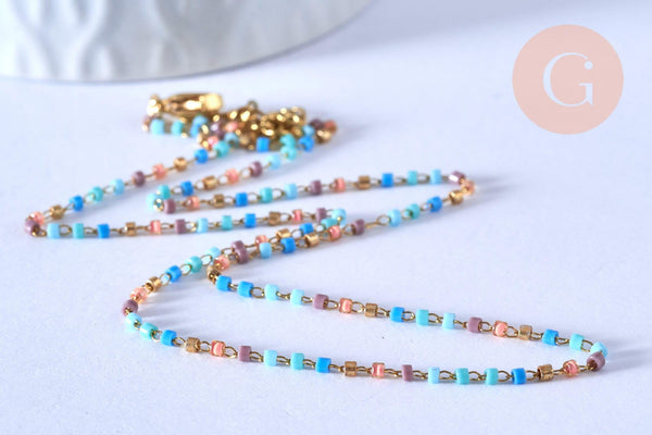Chaine complète acier doré perles rocaille multicolores artisanales, création collier acier inoxydable doré,40.7cm, x1 G5407