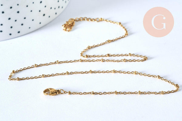 Chaine complète acier dorée 14k satellite,avec ou sans extension,chaine sans nickel,1.5mm,41cm, x1 (G0306)