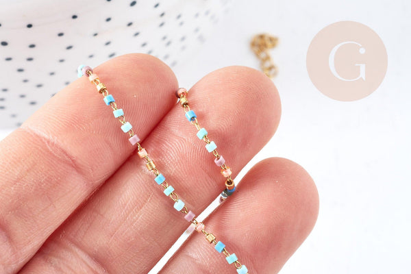 Chaine complète acier inoxydable 304 doré perles rocaille multicolores artisanales 40.7cm, x1 G8777