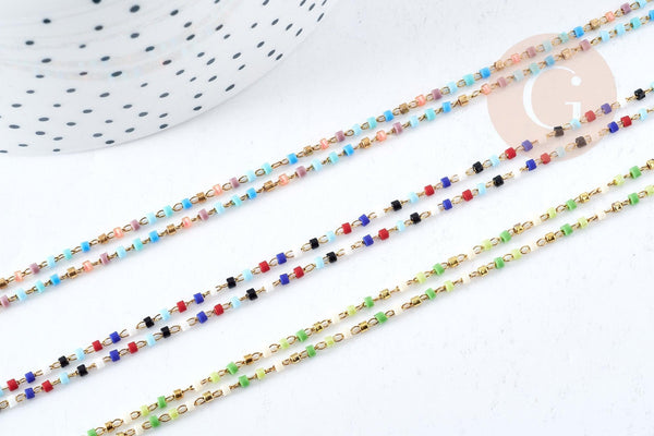 Chaine complète acier inoxydable 304 doré perles rocaille multicolores artisanales 40.7cm, x1 G8777
