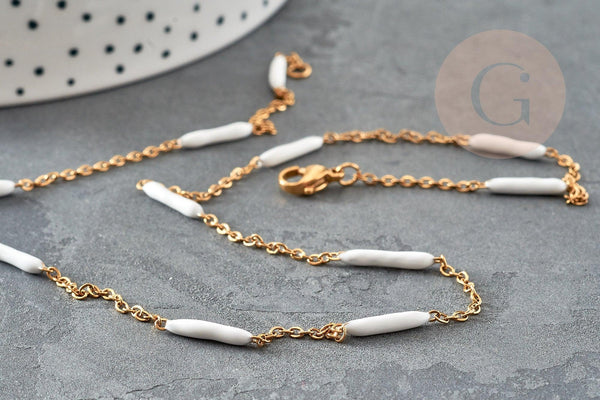 Chaine complète acier inoxydable PVD/IP dorée 14k fantaisie résine blanche 2mm/45cm, chaine avec fermoir x1 G9373
