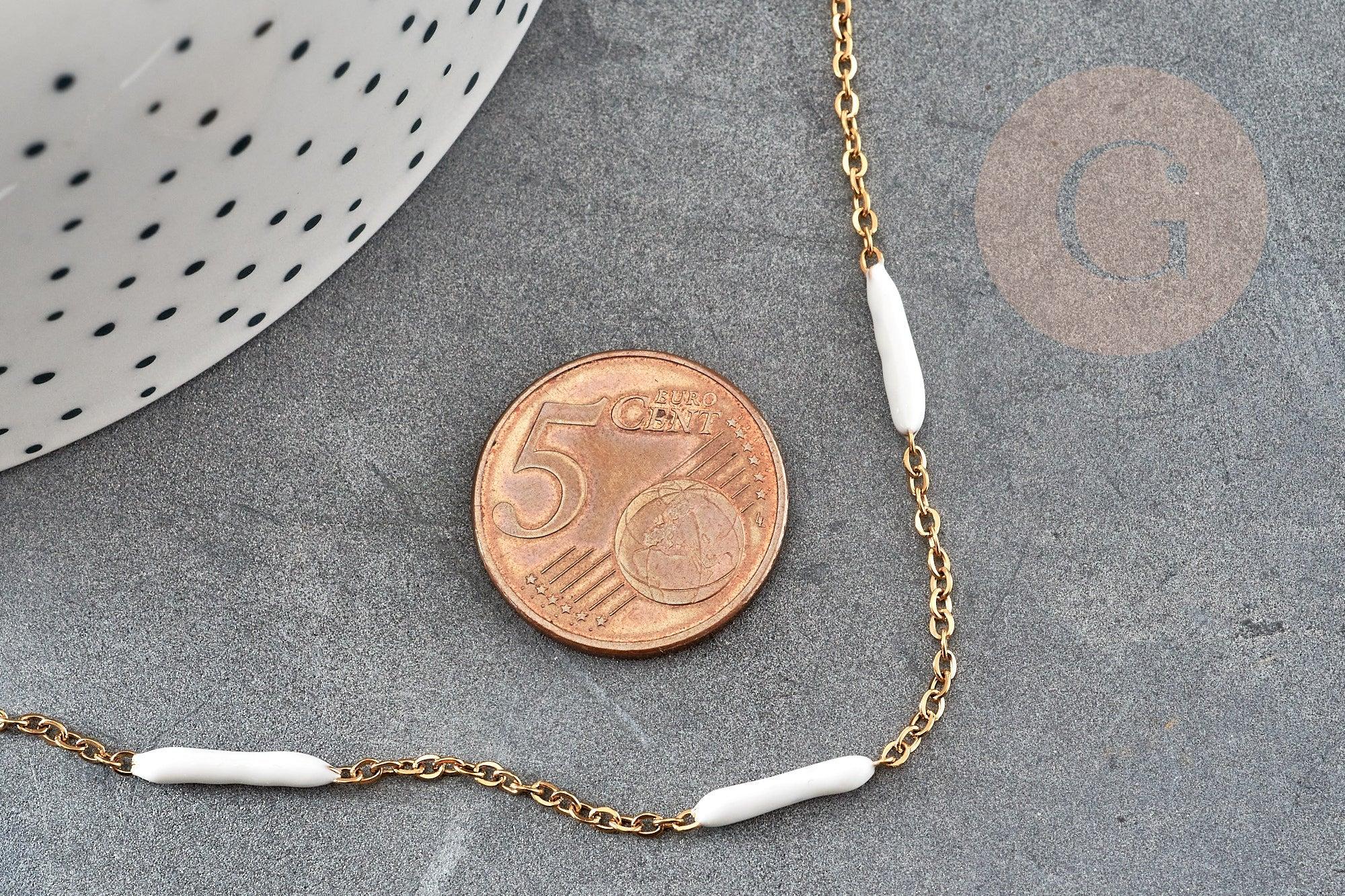 Collier Chaine complète acier inoxydable PVD/IP dorée 14k fantaisie résine blanche 2mm/45cm, chaine avec fermoir x1 G9373