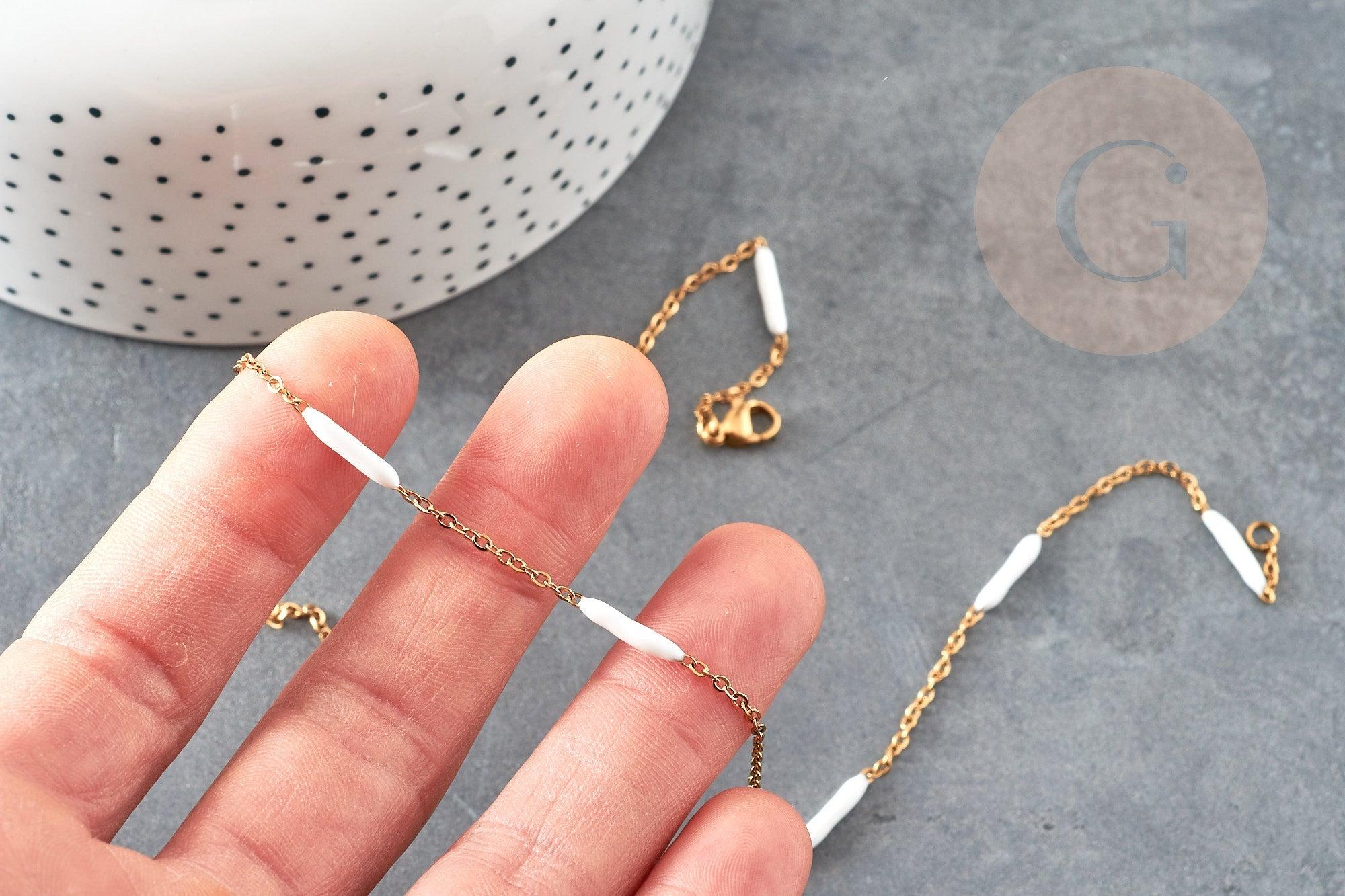 Collier Chaine complète acier inoxydable PVD/IP dorée 14k fantaisie résine blanche 2mm/45cm, chaine avec fermoir x1 G9373
