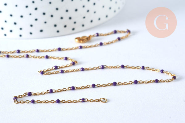 Chaine complète avec fermoir acier dorée 14k fantaisie résine violette 2mm/45cm, x1 (G1385)