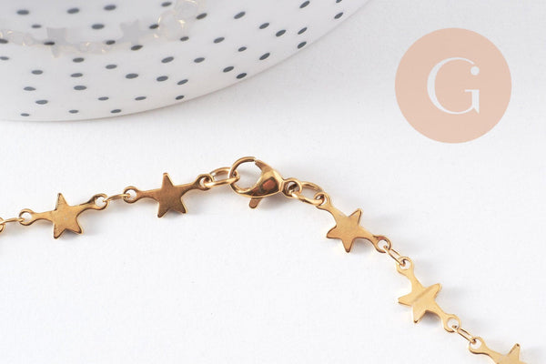 Chaine complète avec fermoir acier inoxydable doré IP 14k 45cm étoile, x1 (G0430)