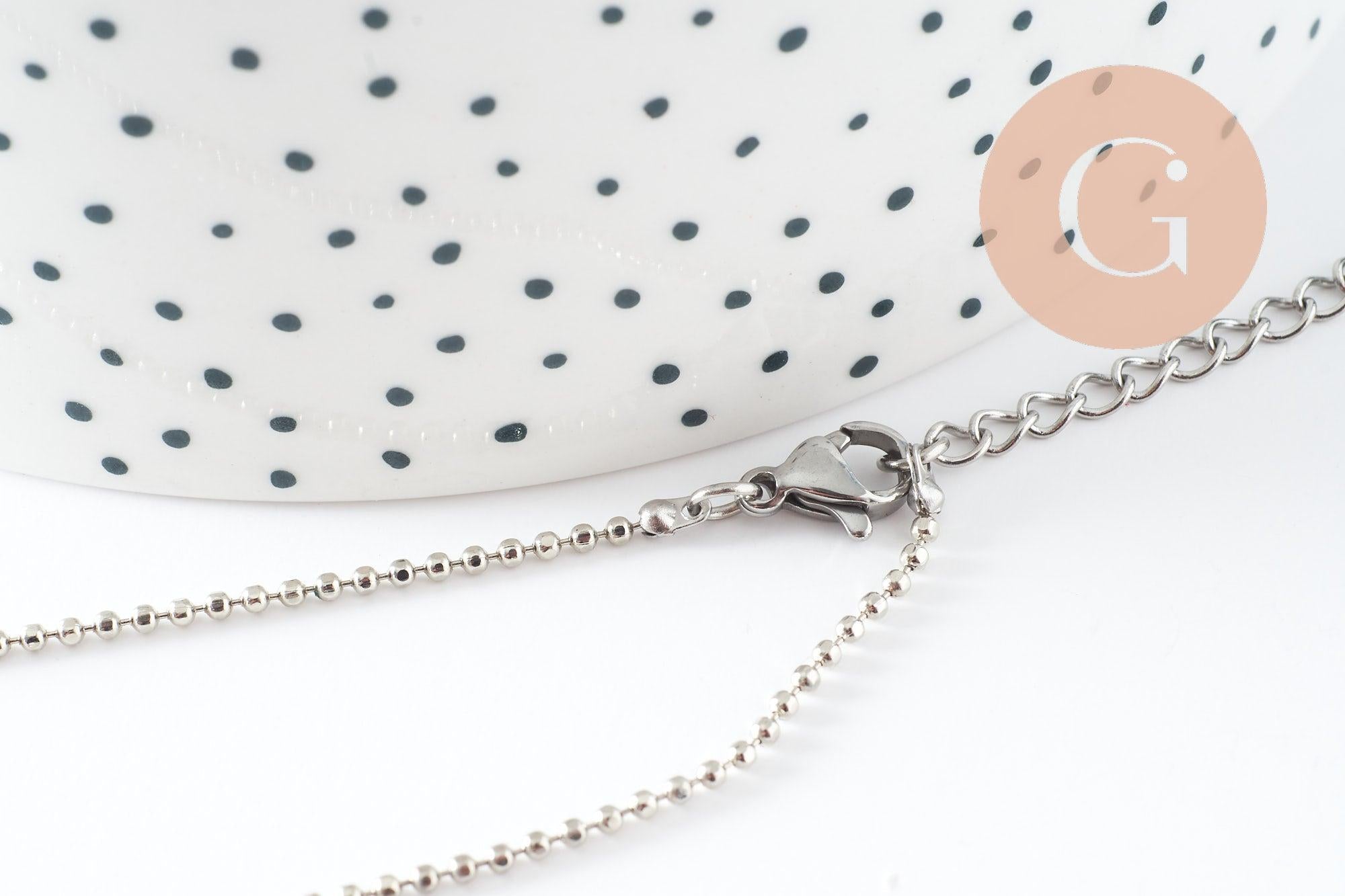 Collier Chaine complète boule acier 304 inoxydable platine 1.5mm/45.5cm,chaine fine argentée avec fermoir création collier x1 (G9778)