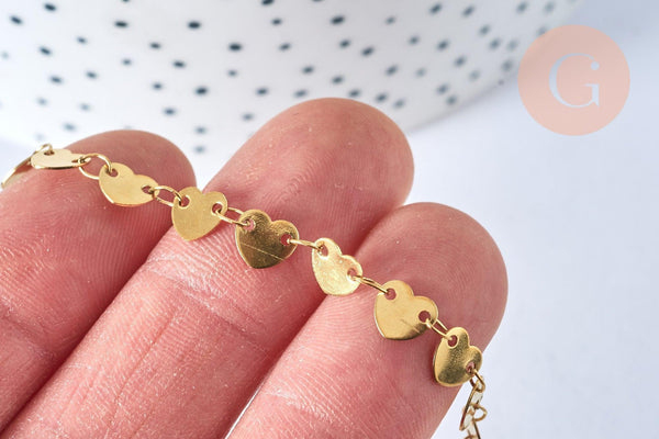 Chaine complète coeur acier inoxydable 304 dorée 14k 42.5cm, x1 (G5356)