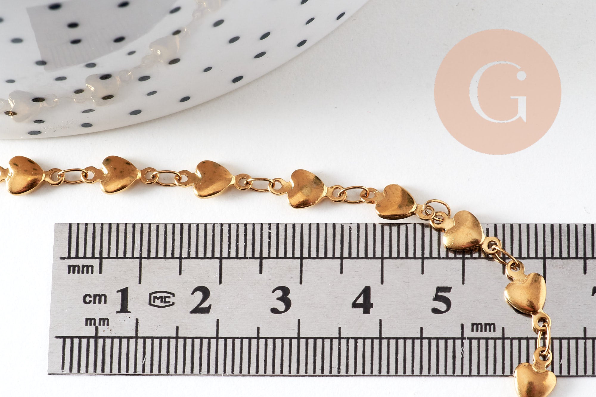 Collier chaine complète coeurs acier 304 inoxydable dorée 14k IP 2mm/45.5cm, x1 (G6775)