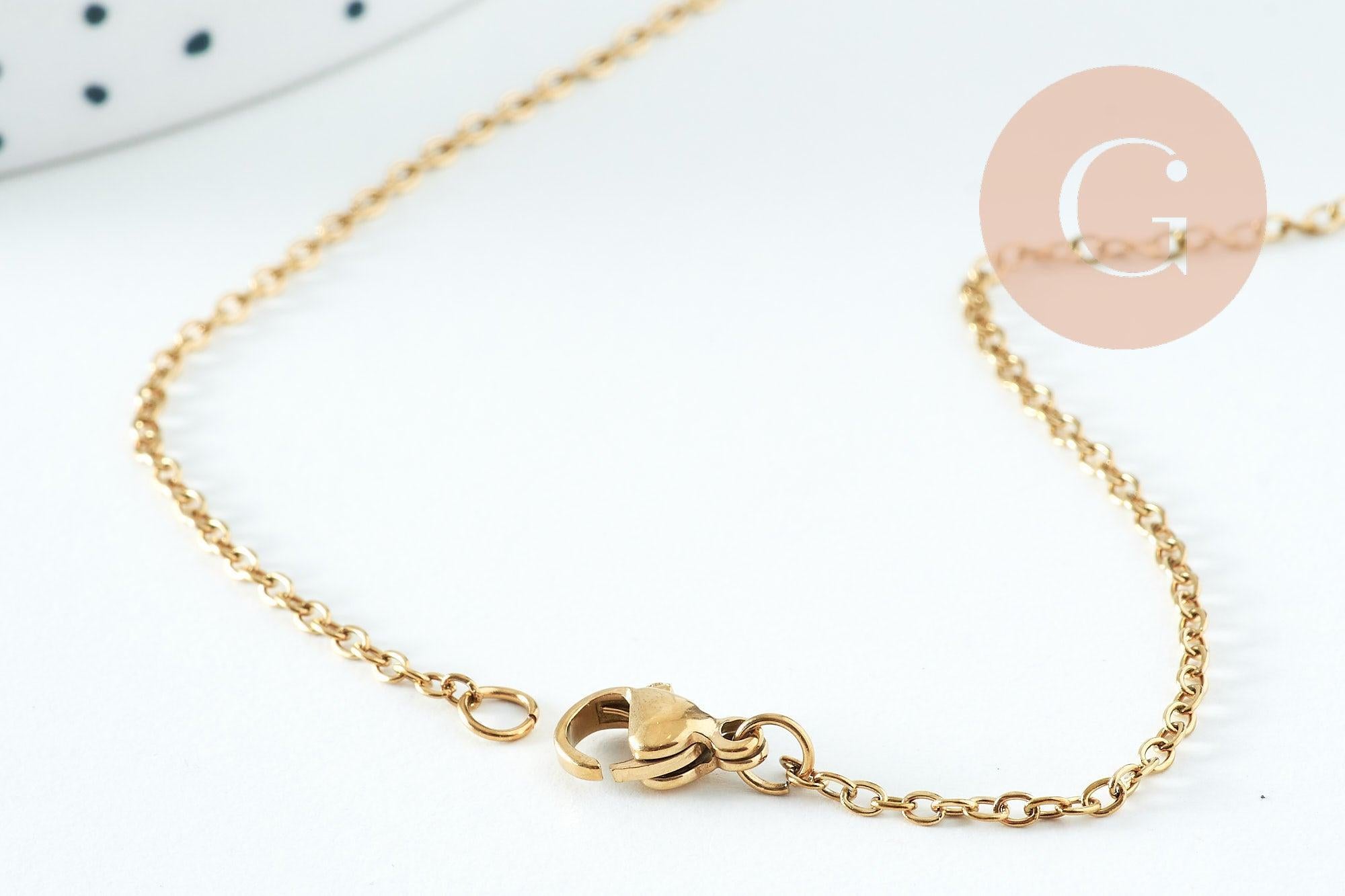 Collier Chaine complète forçat acier inoxydable doré 1.5mm/45cm avec fermoir, x1 (G10732)