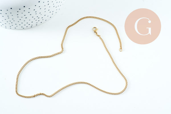 Chaine complète plate acier inoxydable doré IP 2.2mm/45cm avec fermoir, x1 (G10731)