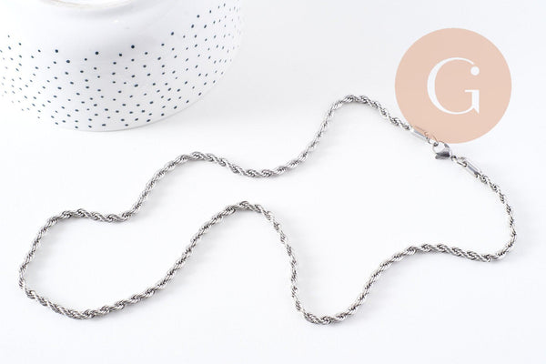 Chaine complète torsadée acier 304 inoxydable platine 3.8mm/60cm, x1 (G1113)