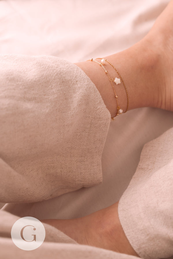 Chaine de cheville laiton doré étoile nacre perle eau douce 24.8cm, x1 (G7880)