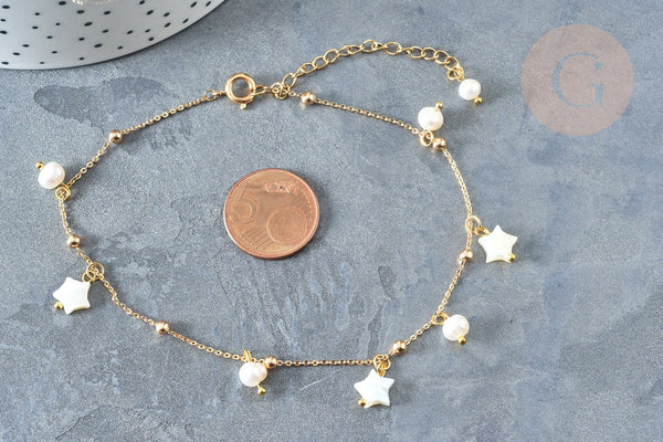 Chaine de cheville laiton doré étoile nacre perle eau douce 24.8cm, x1 (G7880)