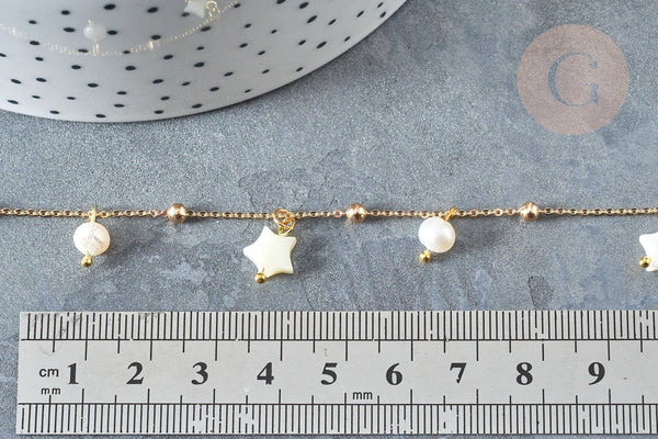 Chaine de cheville laiton doré étoile nacre perle eau douce 24.8cm, x1 (G7880)