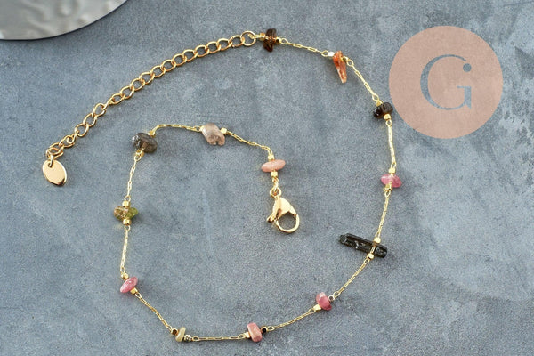 Chaine de cheville perles chips pierre naturelle laiton doré 22cm, x1 (G6979)