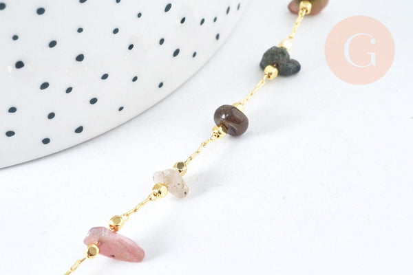 Chaine de cheville perles chips pierre naturelle laiton doré 22cm, x1 (G6979)