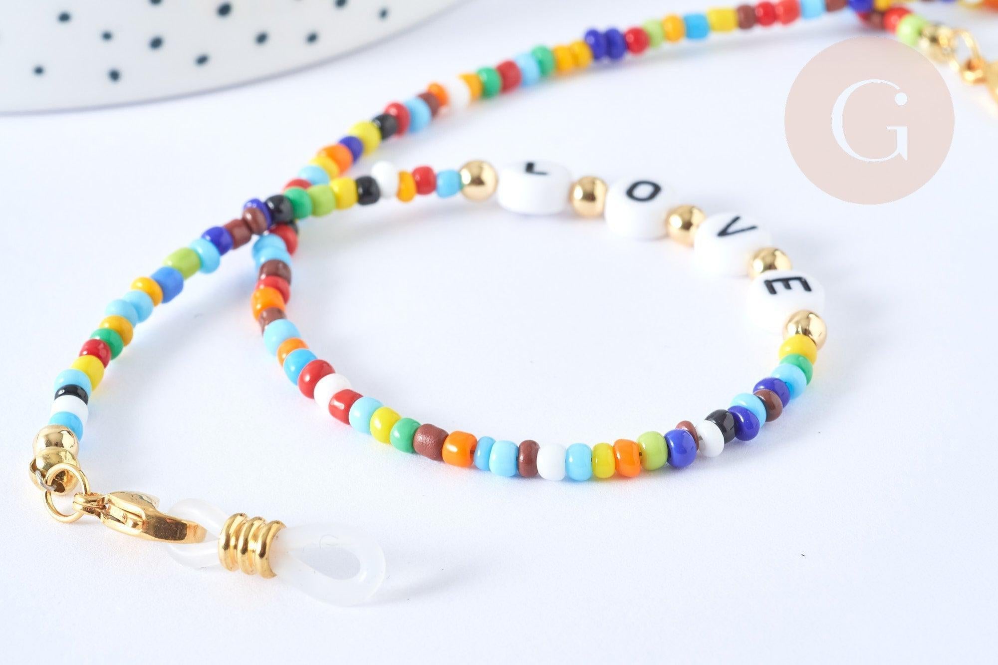Chaine de lunettes ou masques perles verre et acrylique laiton doré 70,5cm LOVE chaine lunettes fantaisie, x1 (G7658)