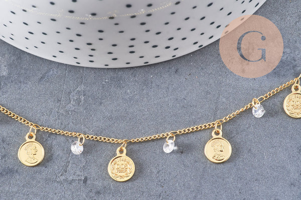 Chaine dorée 18 carats pièces de monnaie zircon, chaine doree fantaisie 1.5mm, x 1 metre, (G3176)