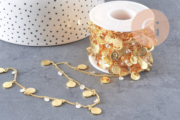 Chaine dorée 18 carats pièces de monnaie zircon, chaine doree fantaisie 1.5mm, x 1 metre, (G3176)