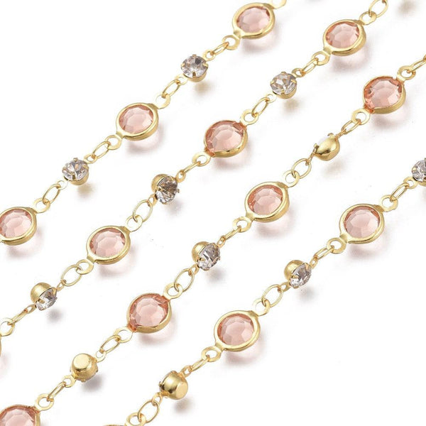 Chaine dorée pastille cristal zircon, chaine collier,création bijoux , chaine lunettes,chaine fantaisie 6x4mm, x1 mètre (G4204)