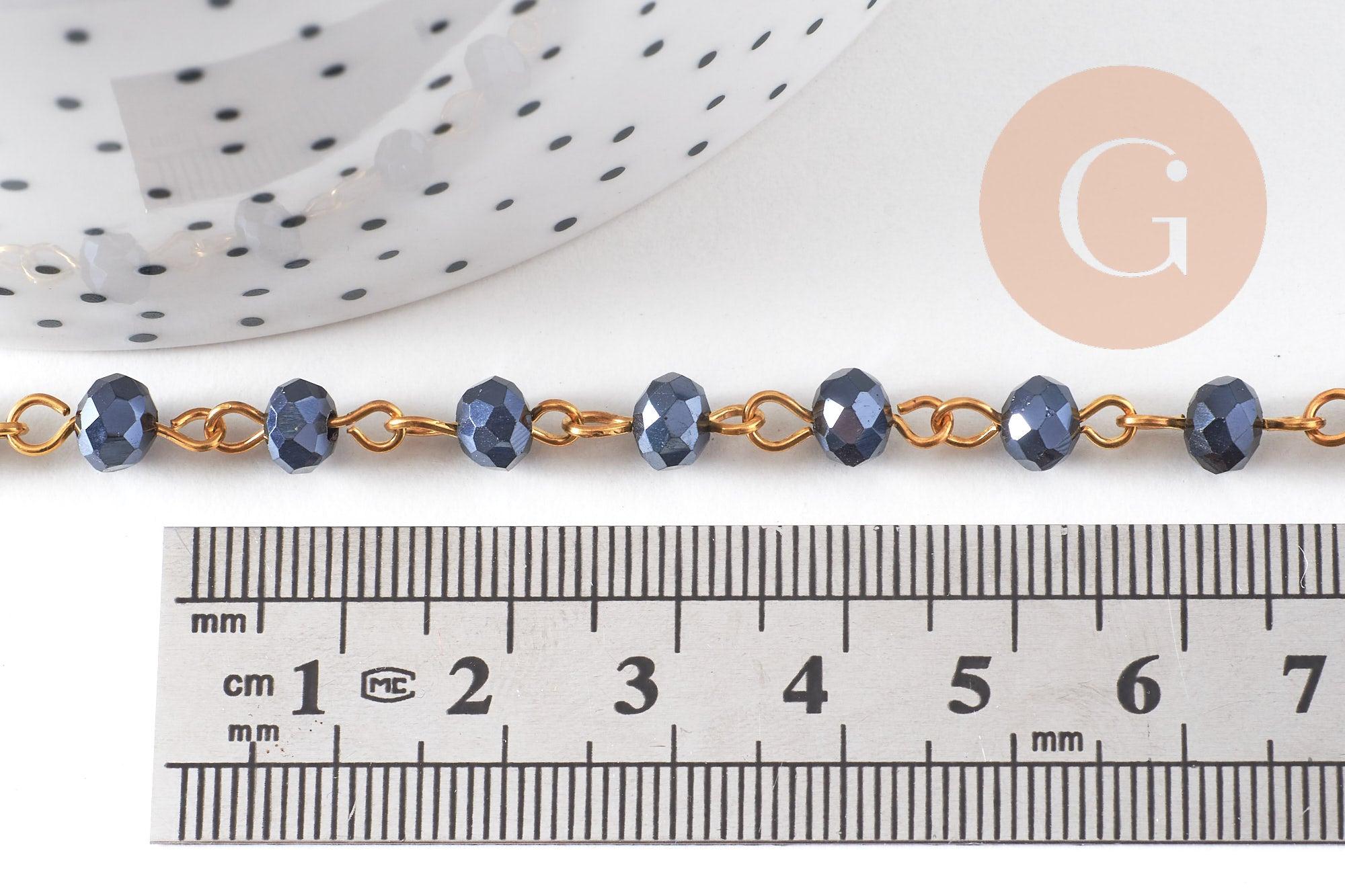 Chaine dorée perle cristal noir, chaine collier ,chaine lunettes, chaine fantaisie, 6x4mm,1 metre, x1 (G3460)