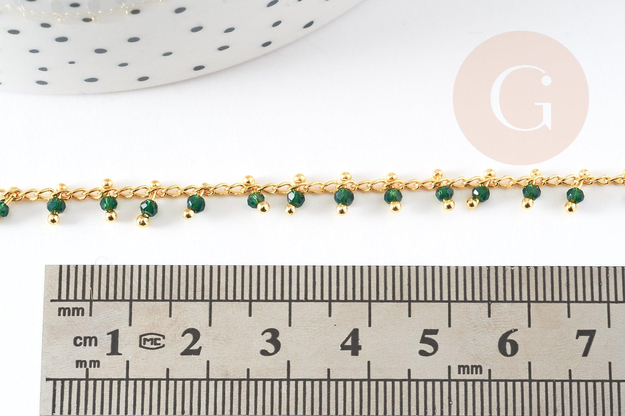Chaine dorée perle cristal vert foncé, chaine collier,création bijoux ,chaine lunettes,chaine fantaisie 2.5x2mm, x1 mètre G5443
